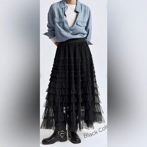Chartou Boho Tulle Skirt Midlength Sheer Mesh Liner Layered Skirt  Black Size M
